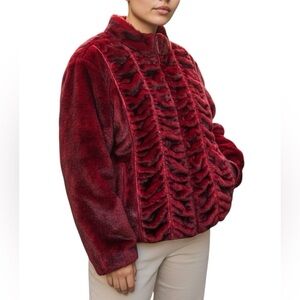 Vintage Y2K Ameri Mode Red Faux Fur Textured With Ruching Paneling Coat XL New